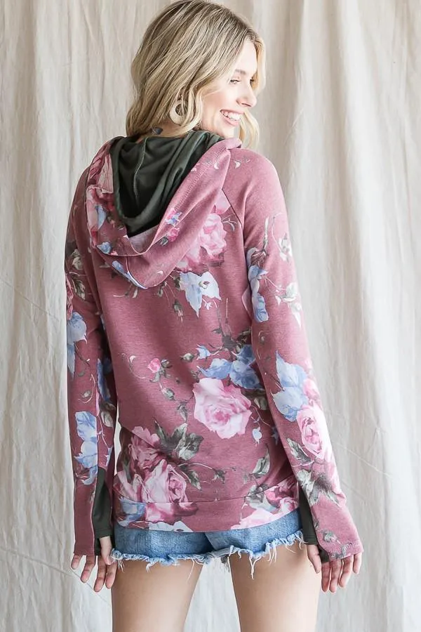 Floral Print Hoodie with Front Pockets