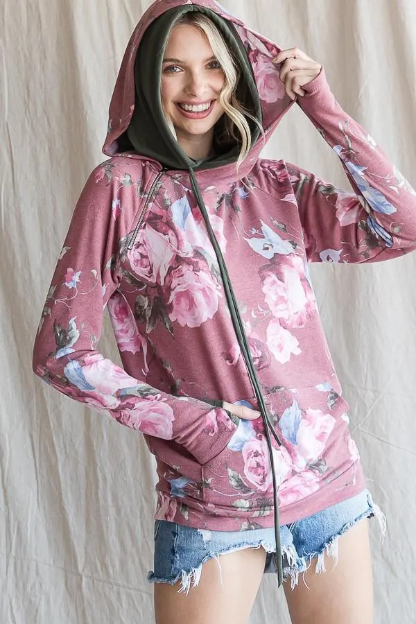 Floral Print Hoodie with Front Pockets