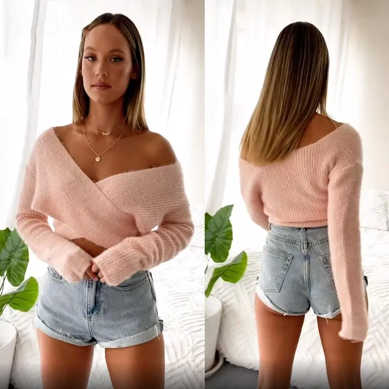 Fluffy Knitted Sweater V-neck Wrap Front Cropped Pullovers