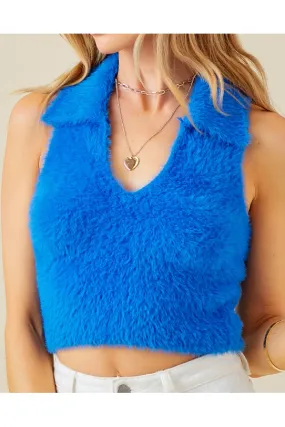 Fuzzy Collared V-Neck Crop Sweater Top