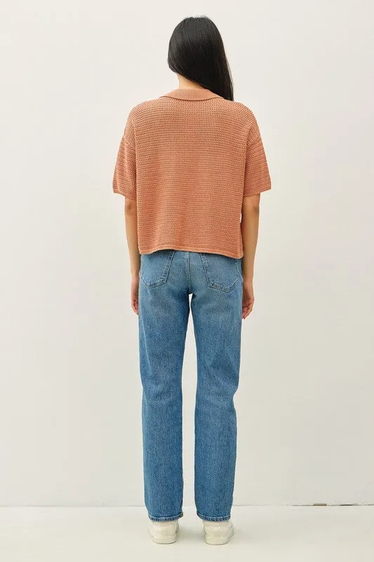 Get Hooked Dusty Peach Boxy Crochet Button Sweater Top