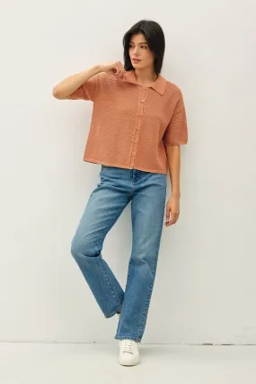 Get Hooked Dusty Peach Boxy Crochet Button Sweater Top
