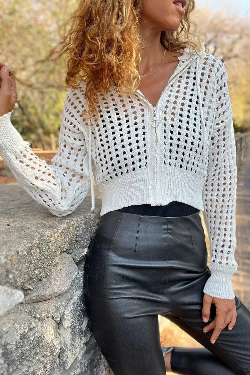 GNS Woman White Hooded Openwork Zippered Crop Cardigan CP-M5042 - Montgomery Village