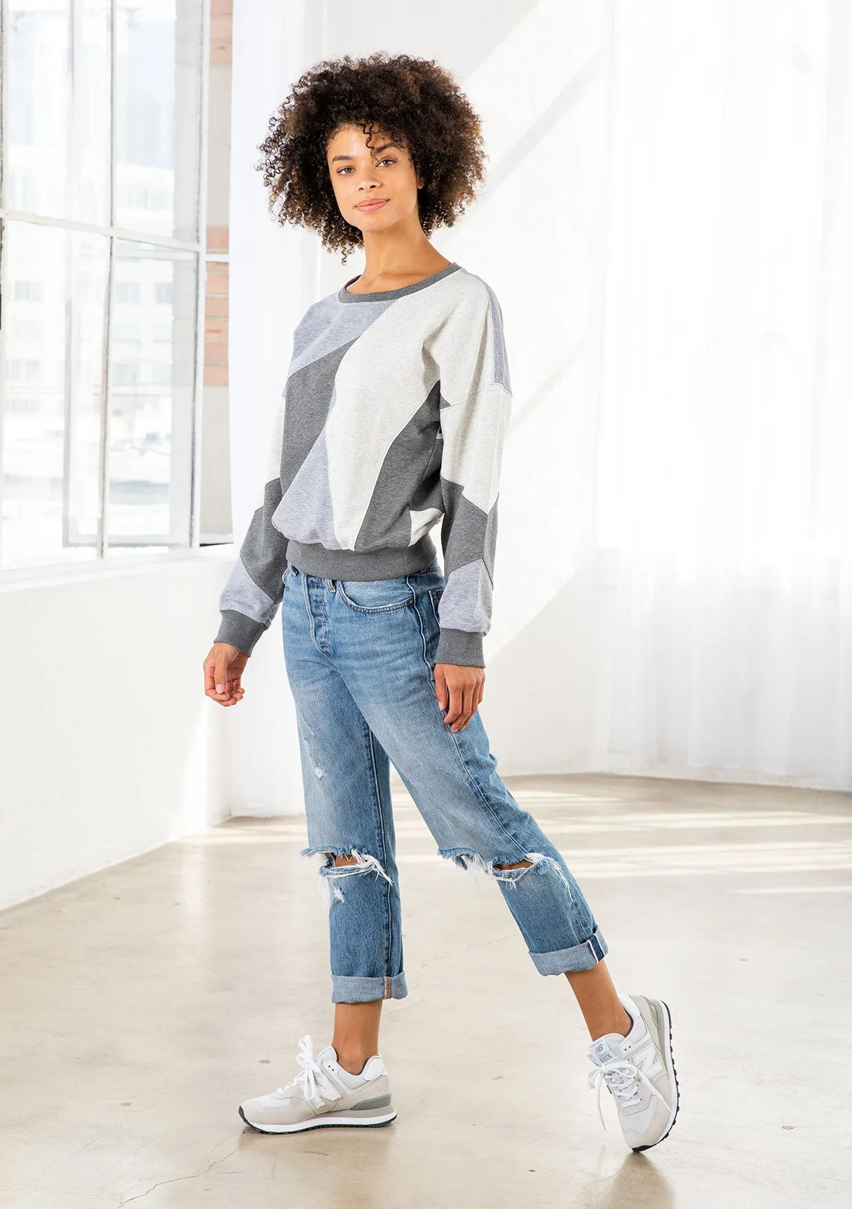 Grey Color Block French Terry Pullover Sweatshirt