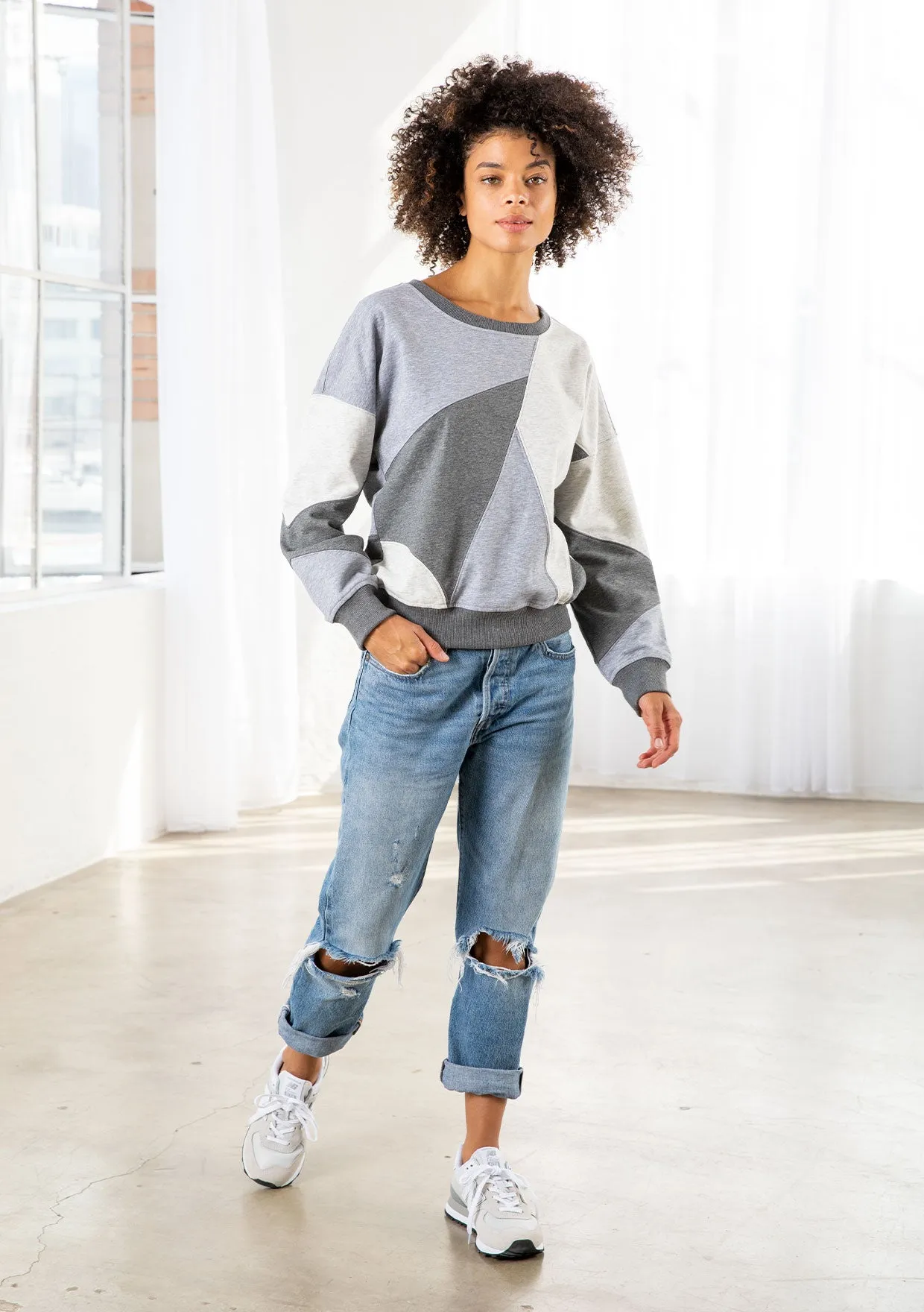 Grey Color Block French Terry Pullover Sweatshirt