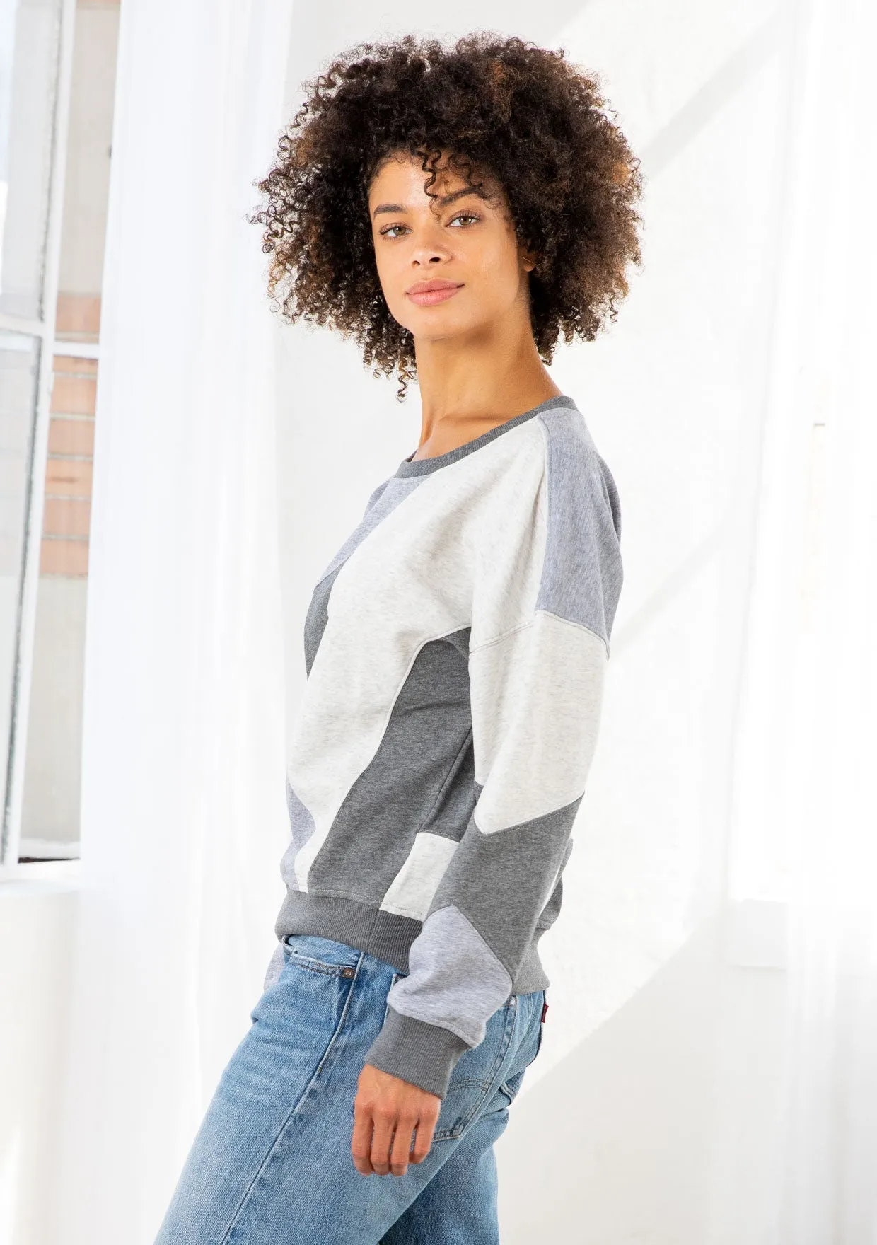 Grey Color Block French Terry Pullover Sweatshirt