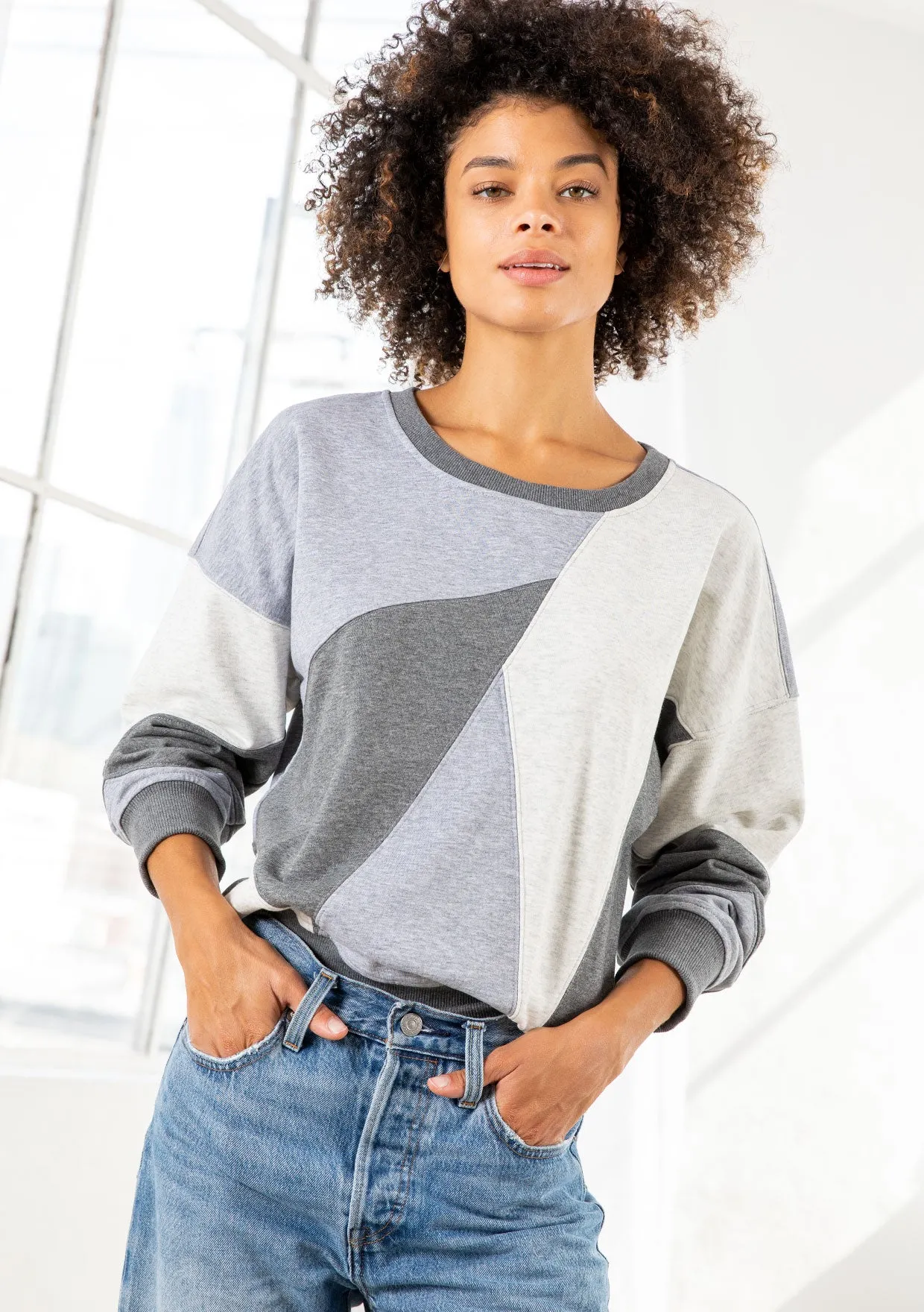 Grey Color Block French Terry Pullover Sweatshirt