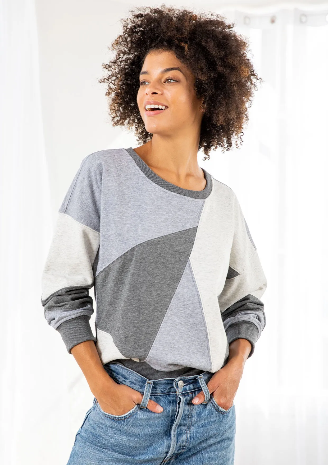 Grey Color Block French Terry Pullover Sweatshirt