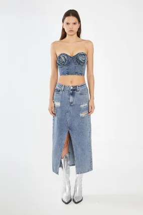 Heavy-Vintage Wash Front-Split Distressed Denim Midi-Skirt