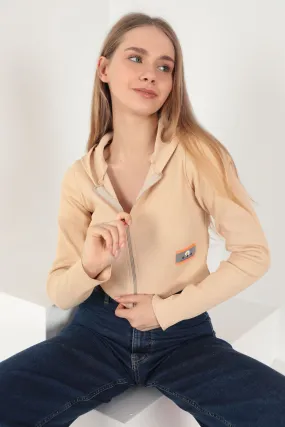 KKT Camisole Fabric Crop Zipper Women's Cardigan-Beige - Galloway
