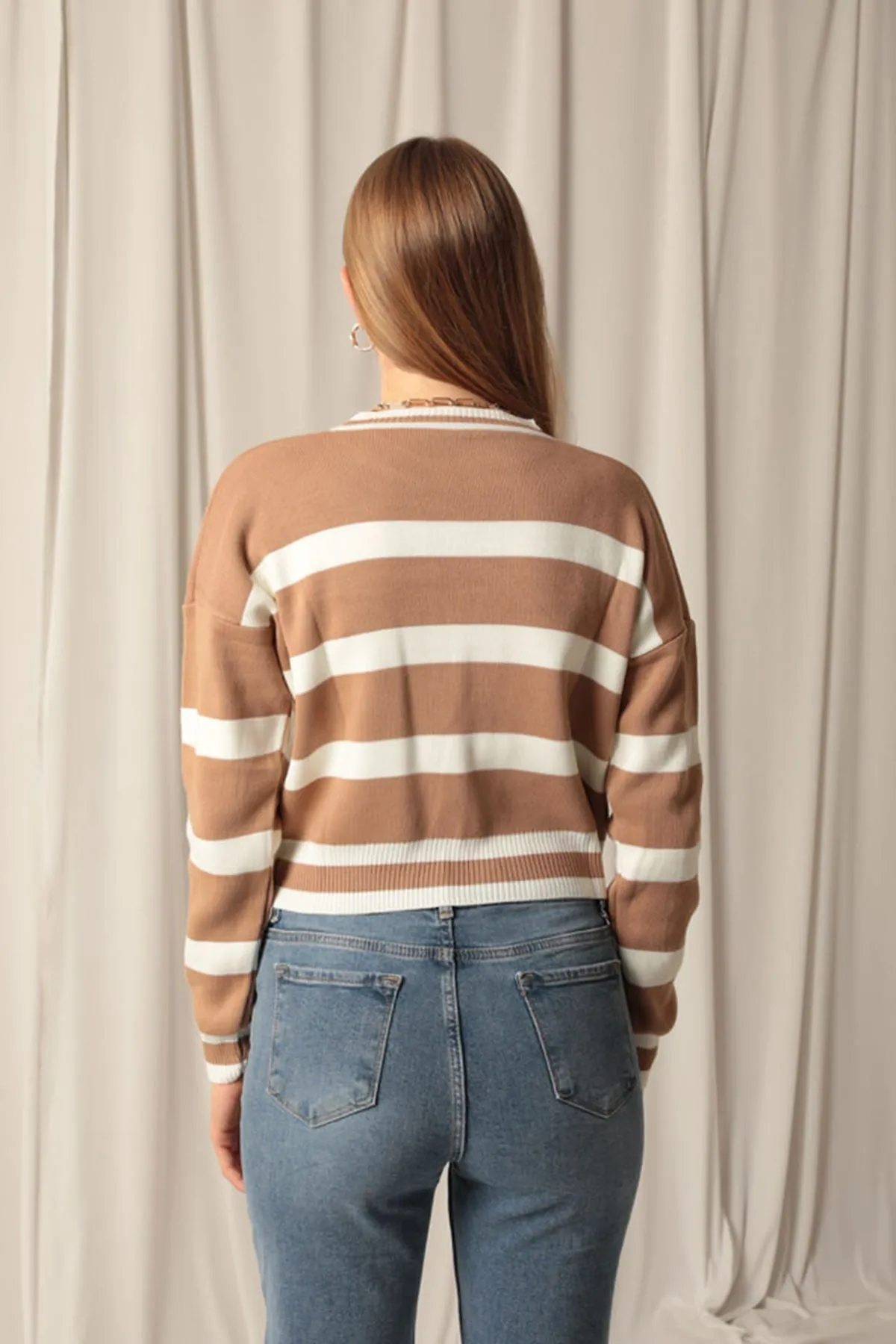 KKT Knitwear Fabric Striped Women's Camel Sweater - Town Country