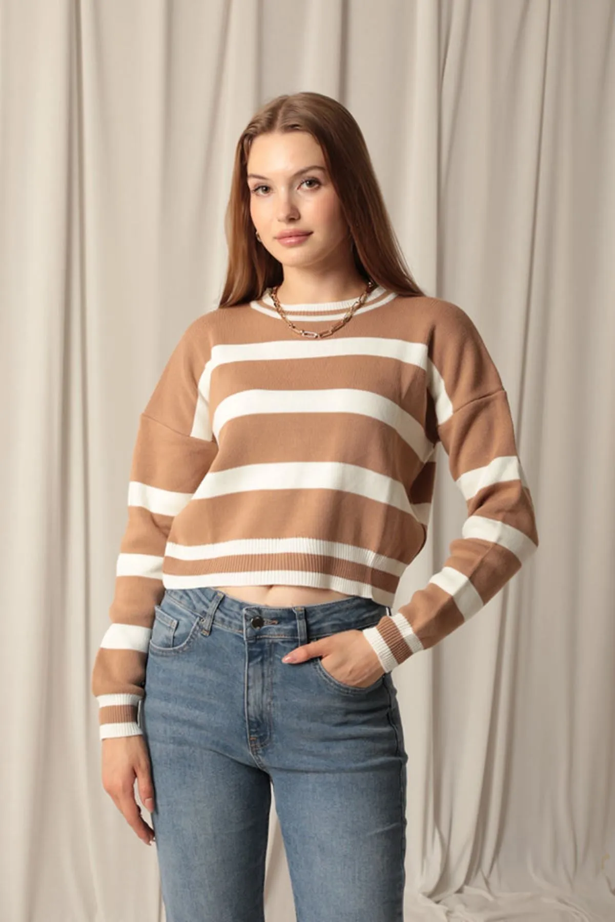 KKT Knitwear Fabric Striped Women's Camel Sweater - Town Country