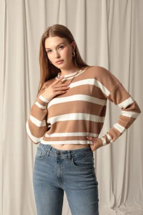 KKT Knitwear Fabric Striped Women's Camel Sweater - Town Country