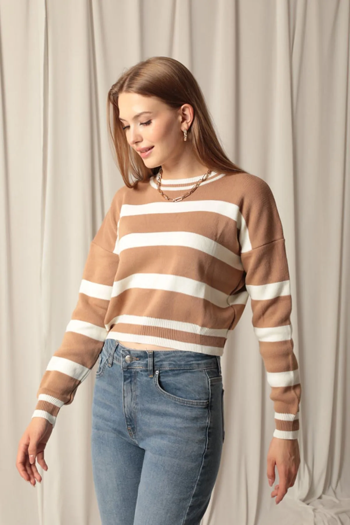 KKT Knitwear Fabric Striped Women's Camel Sweater - Town Country