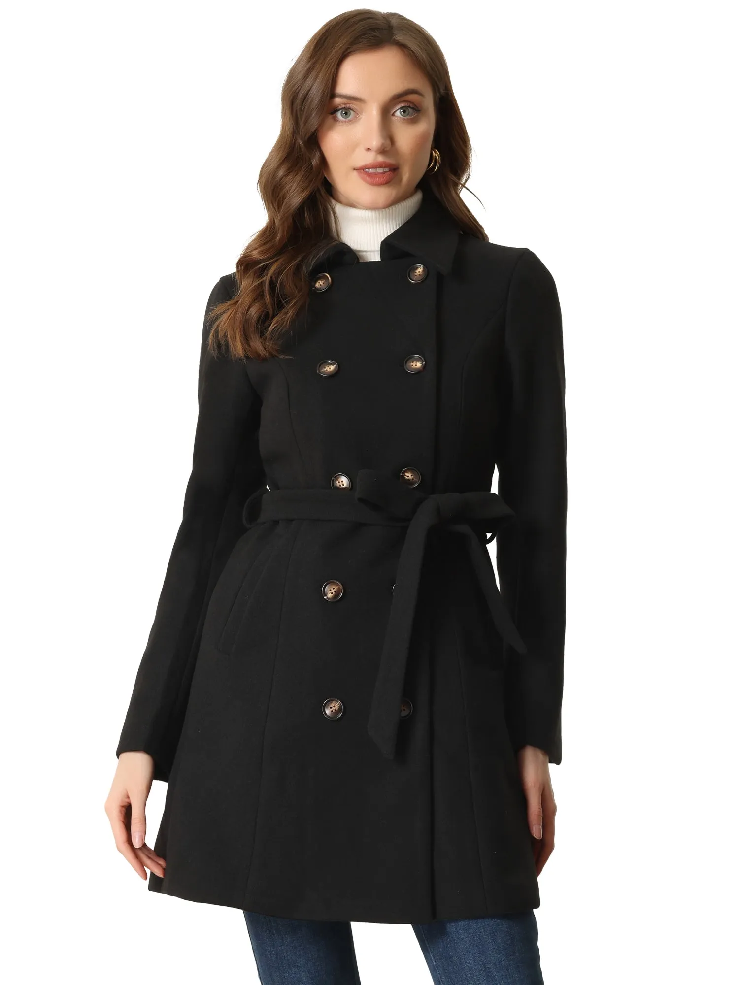Lapel Double Breasted Slant Pocket Button Belted Pea Coats