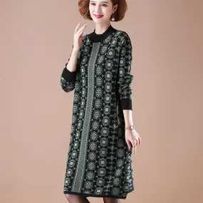 Long Sleeve Knee Length Floral A-line Knit Dress Mother Dress