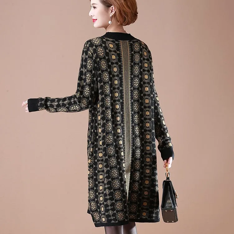 Long Sleeve Knee Length Floral A-line Knit Dress Mother Dress
