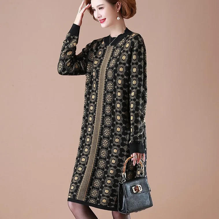 Long Sleeve Knee Length Floral A-line Knit Dress Mother Dress