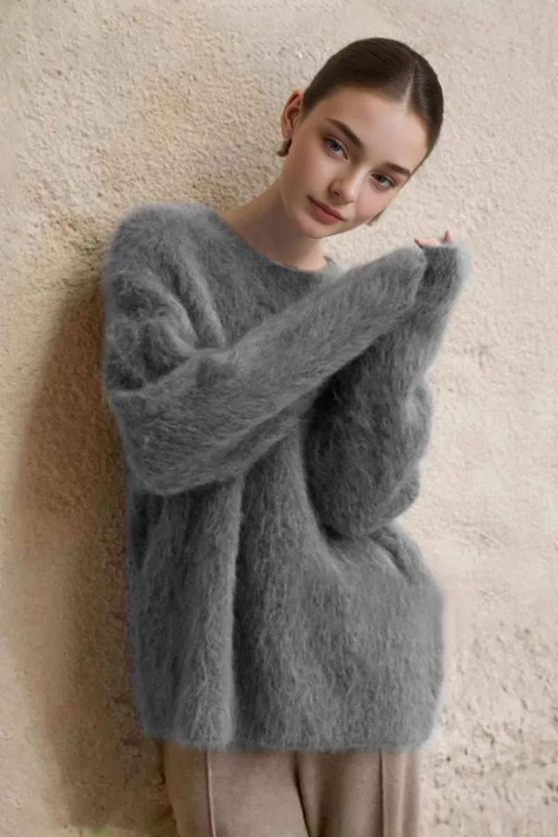 Luxe Colorful Cable Knit Brushed Alpaca Fuzzy Crewneck Sweater