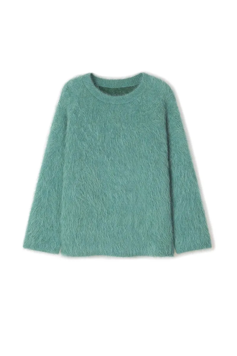 Luxe Colorful Cable Knit Brushed Alpaca Fuzzy Crewneck Sweater