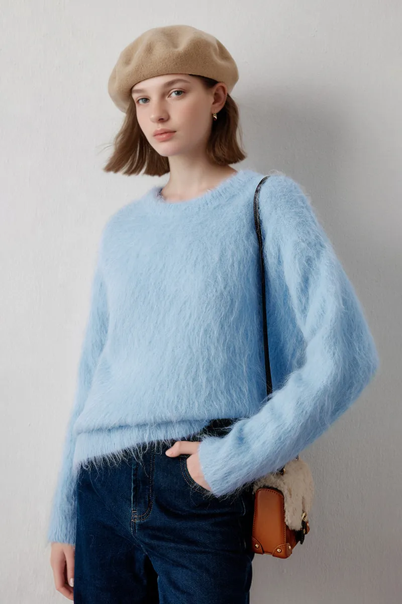 Luxe Colorful Cable Knit Brushed Alpaca Fuzzy Crewneck Sweater