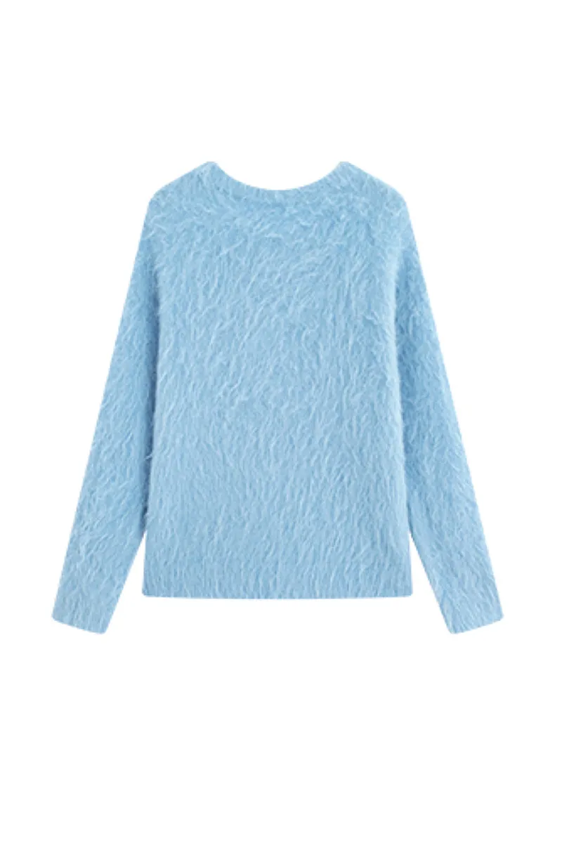 Luxe Colorful Cable Knit Brushed Alpaca Fuzzy Crewneck Sweater
