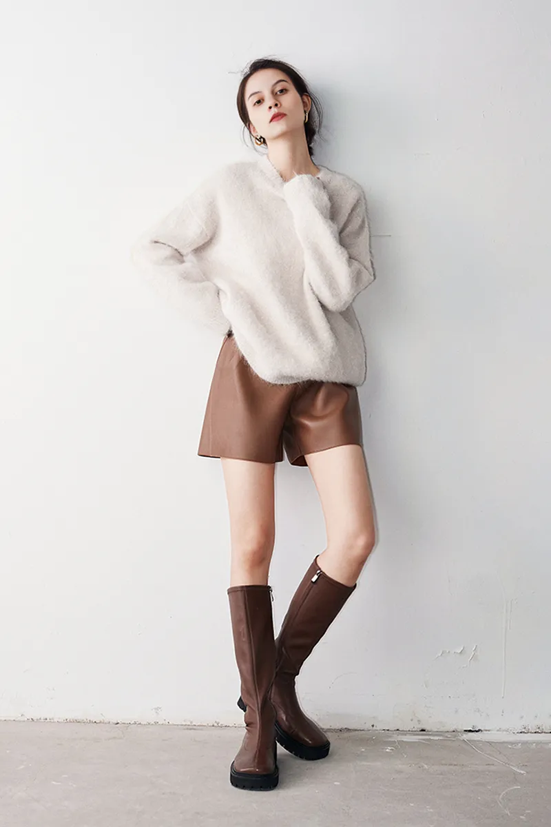 Luxe Colorful Cable Knit Brushed Alpaca Fuzzy Crewneck Sweater