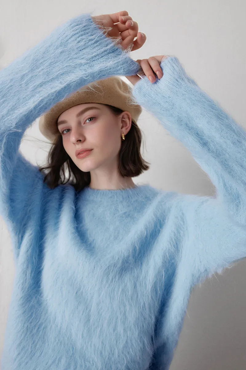 Luxe Colorful Cable Knit Brushed Alpaca Fuzzy Crewneck Sweater