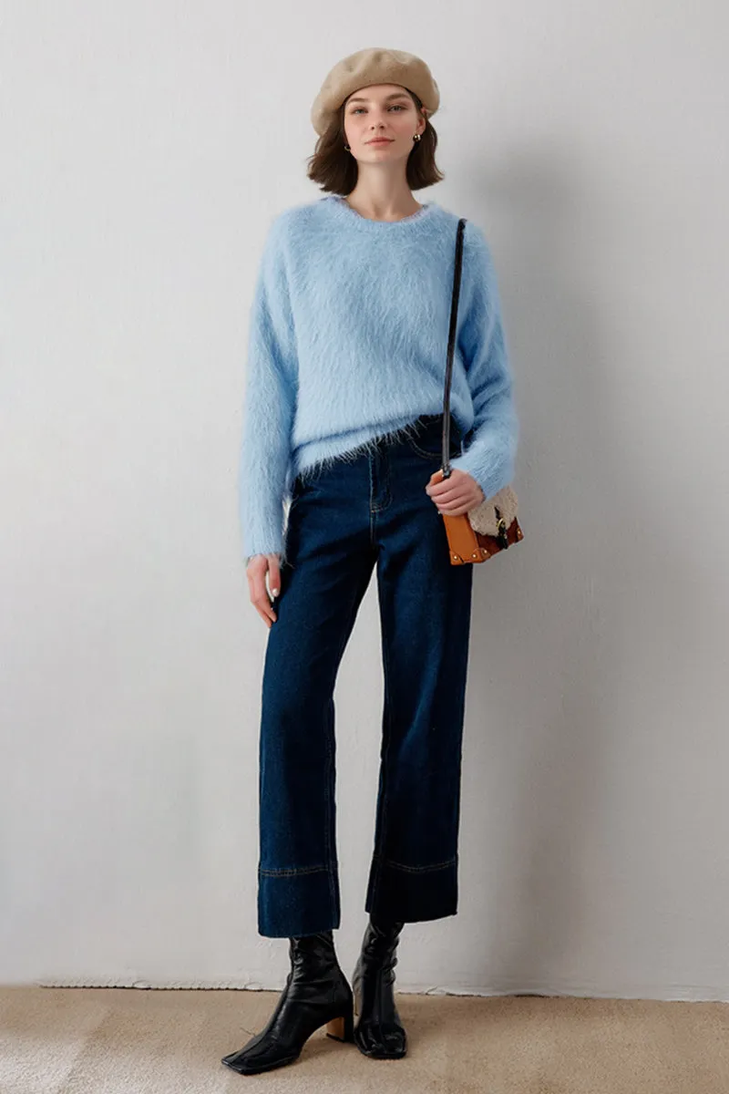 Luxe Colorful Cable Knit Brushed Alpaca Fuzzy Crewneck Sweater