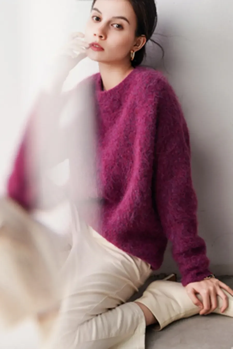 Luxe Colorful Cable Knit Brushed Alpaca Fuzzy Crewneck Sweater