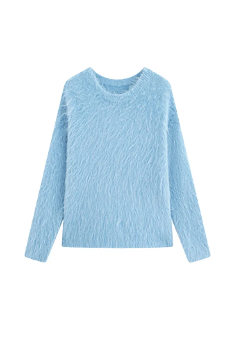 Luxe Colorful Cable Knit Brushed Alpaca Fuzzy Crewneck Sweater