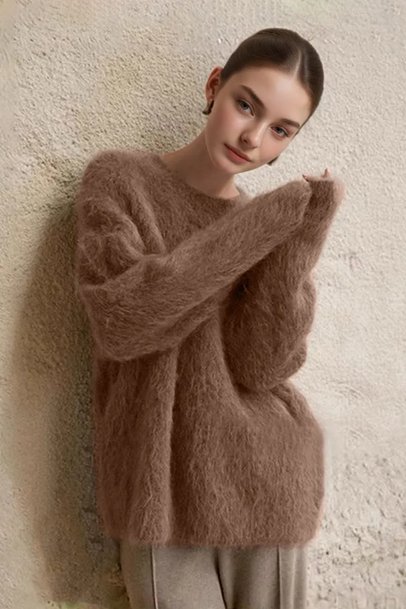 Luxe Colorful Cable Knit Brushed Alpaca Fuzzy Crewneck Sweater