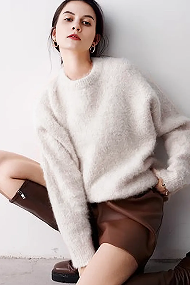 Luxe Colorful Cable Knit Brushed Alpaca Fuzzy Crewneck Sweater