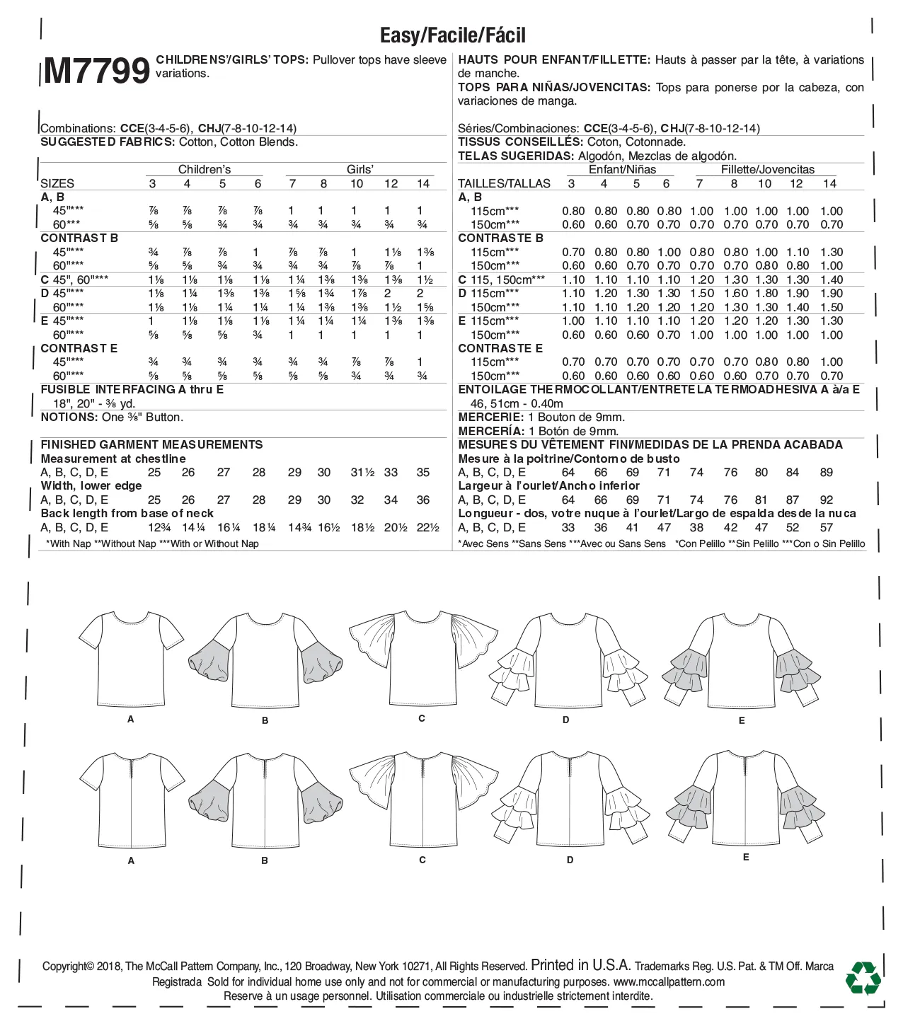 M7799 Children's/Girls' Tops