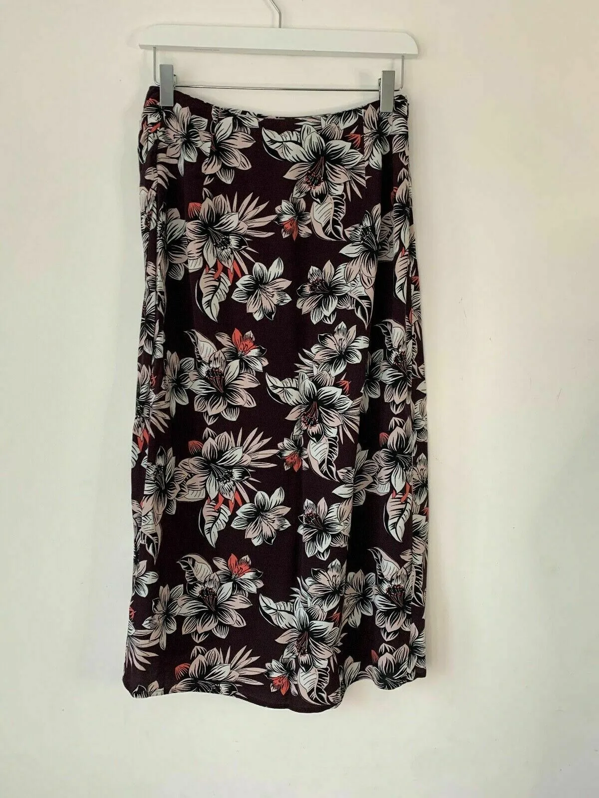 M&S Sustainable Viscose Grape Mix Floral Size 8 Faux Wrap Midi Skirt