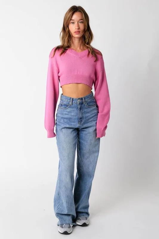 Mandie Pink V-Neck Sweater Crop