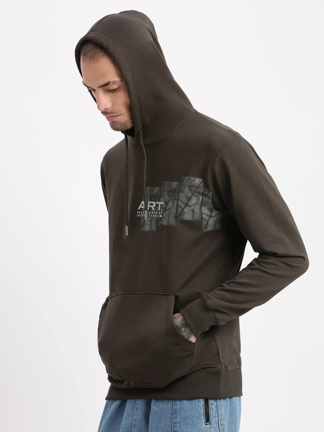 Men Green Graphic Hooded Pullover