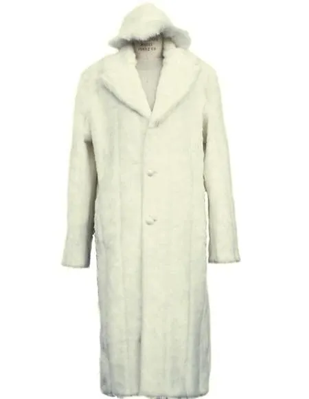 Mens Overcoat -Mens Long Wool Topcoats- Topcoat For Men-Men's Long Length Faux Fur Coat Full Length Overcoat ~ Long Men's Dress Topcoat - Winter Coat   Matching Hat Off White