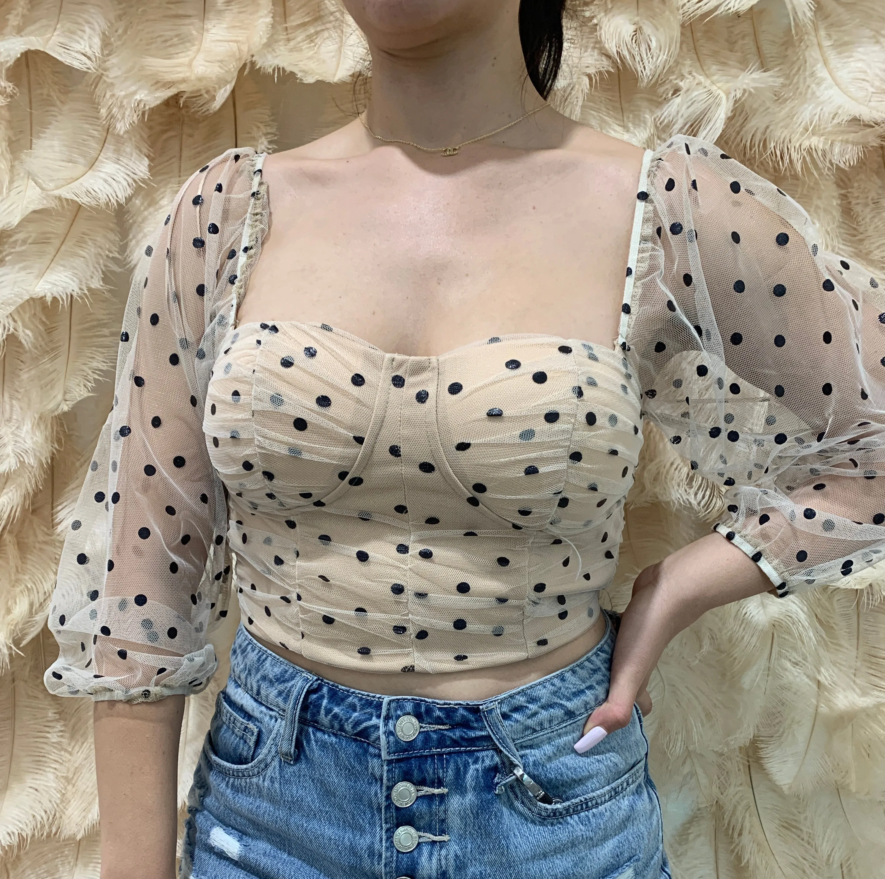 MOCHA POLKA DOT MESH SLEEVE CROP TOP
