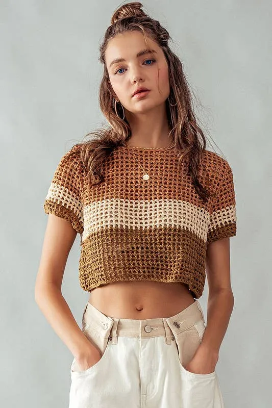 Mocha STRIPE CROCHET SWEATER CROP TOP