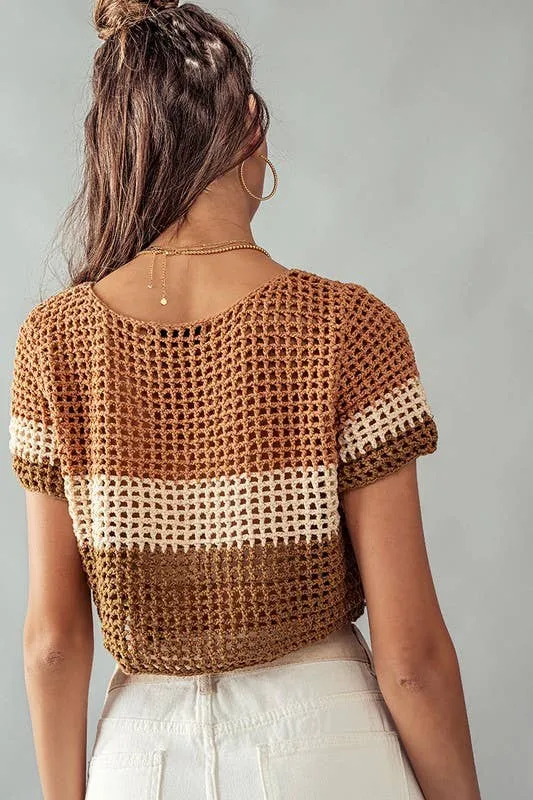 Mocha STRIPE CROCHET SWEATER CROP TOP