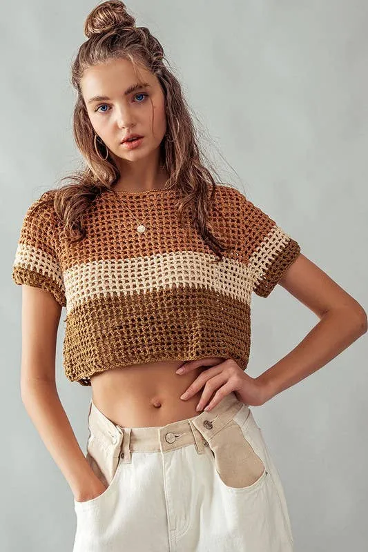 Mocha STRIPE CROCHET SWEATER CROP TOP