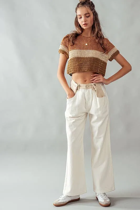 Mocha STRIPE CROCHET SWEATER CROP TOP