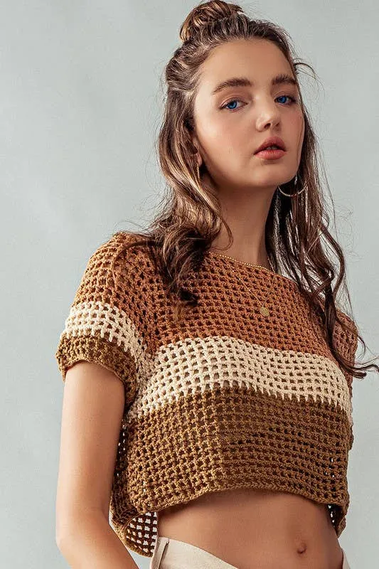 Mocha STRIPE CROCHET SWEATER CROP TOP