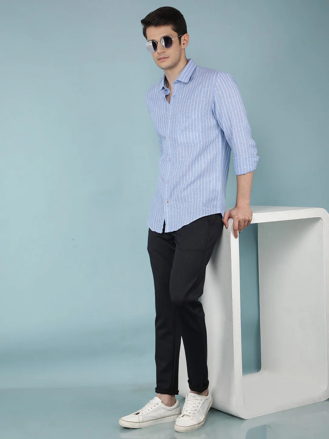Navy Blue Jacquard Chinos Trousers