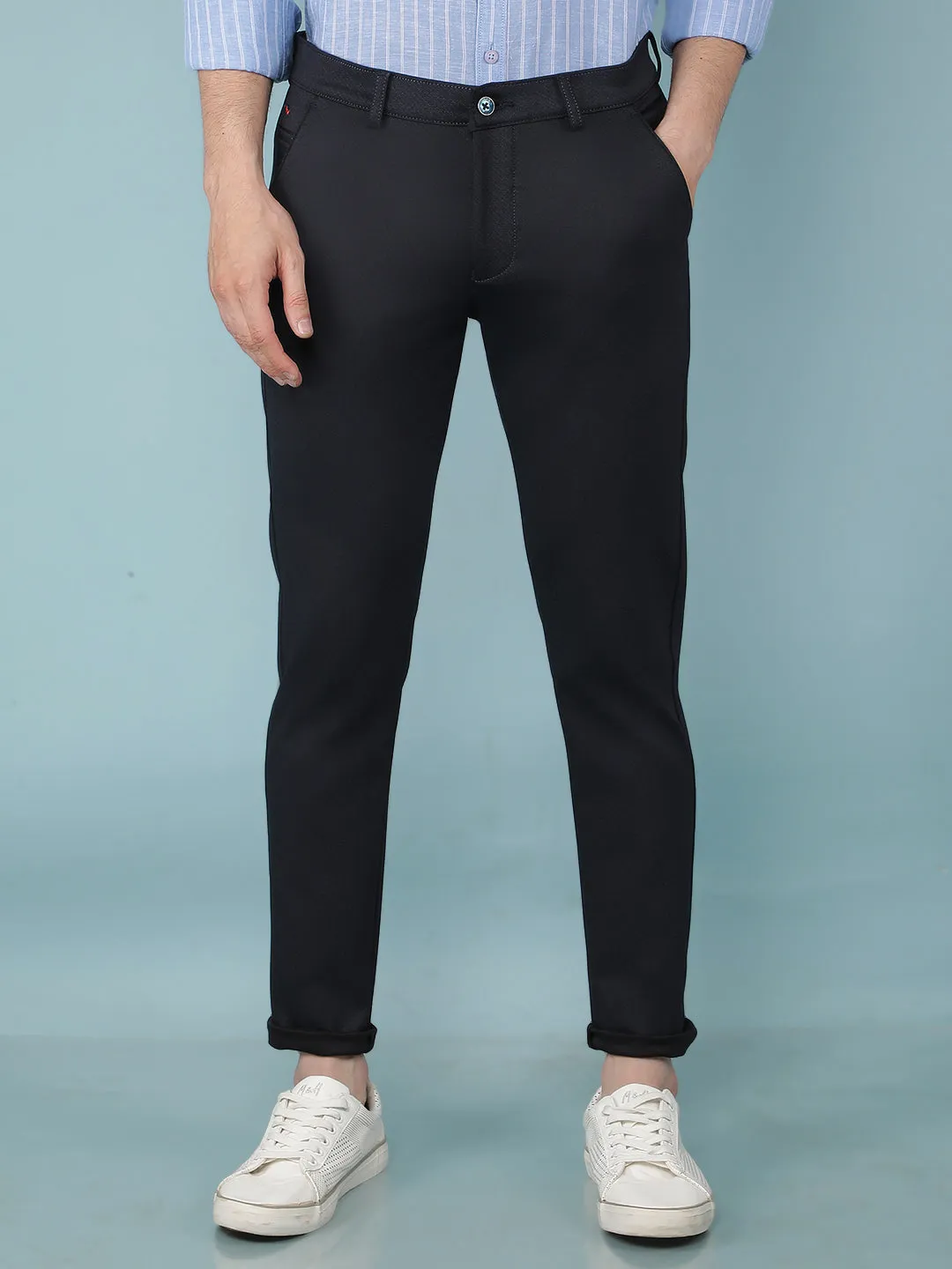 Navy Blue Jacquard Chinos Trousers