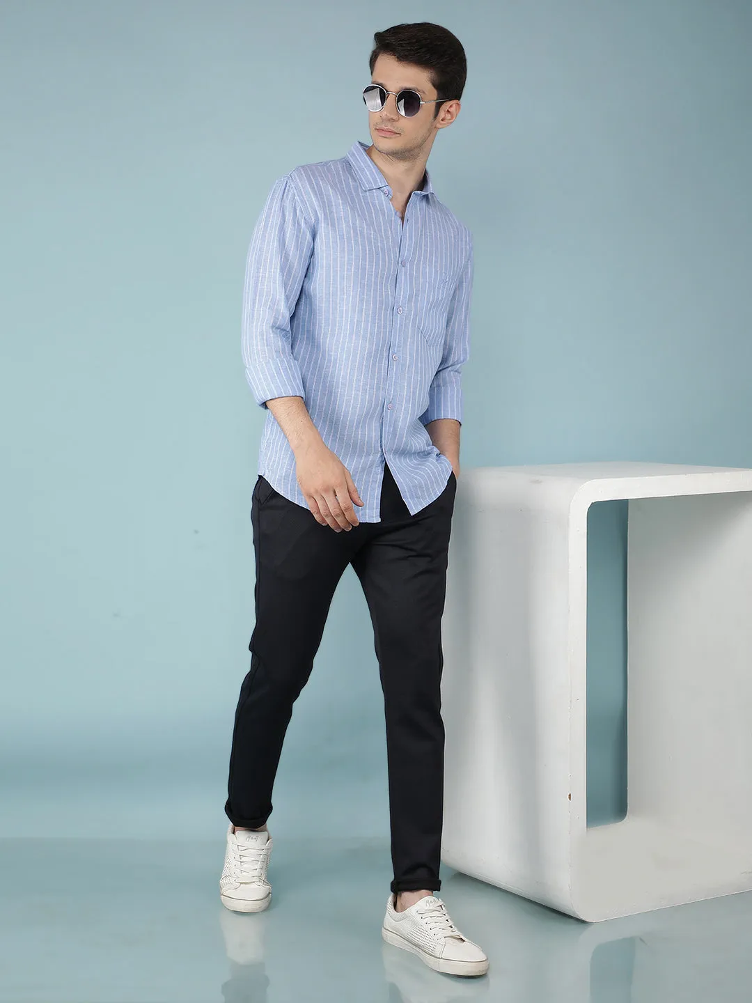 Navy Blue Jacquard Chinos Trousers