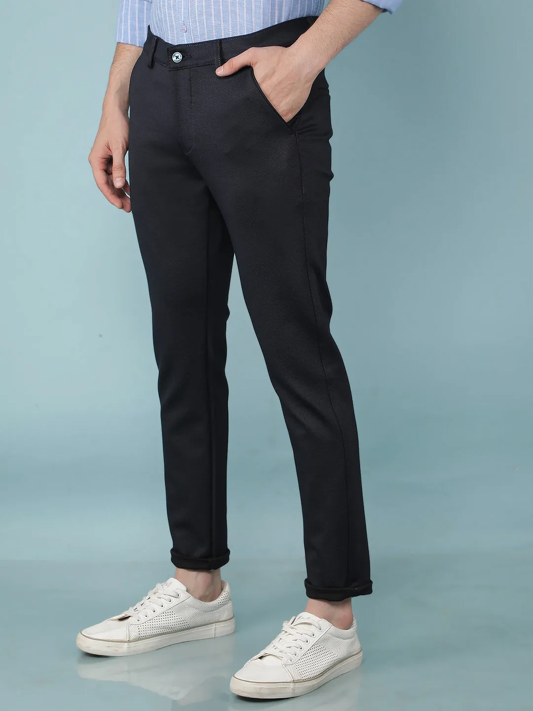 Navy Blue Jacquard Chinos Trousers