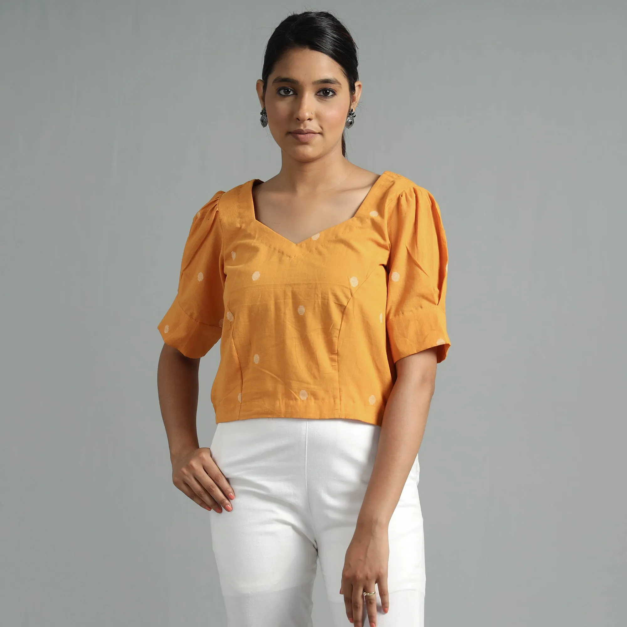 Orange Jacquard Half Sleeve Cotton Crop Top