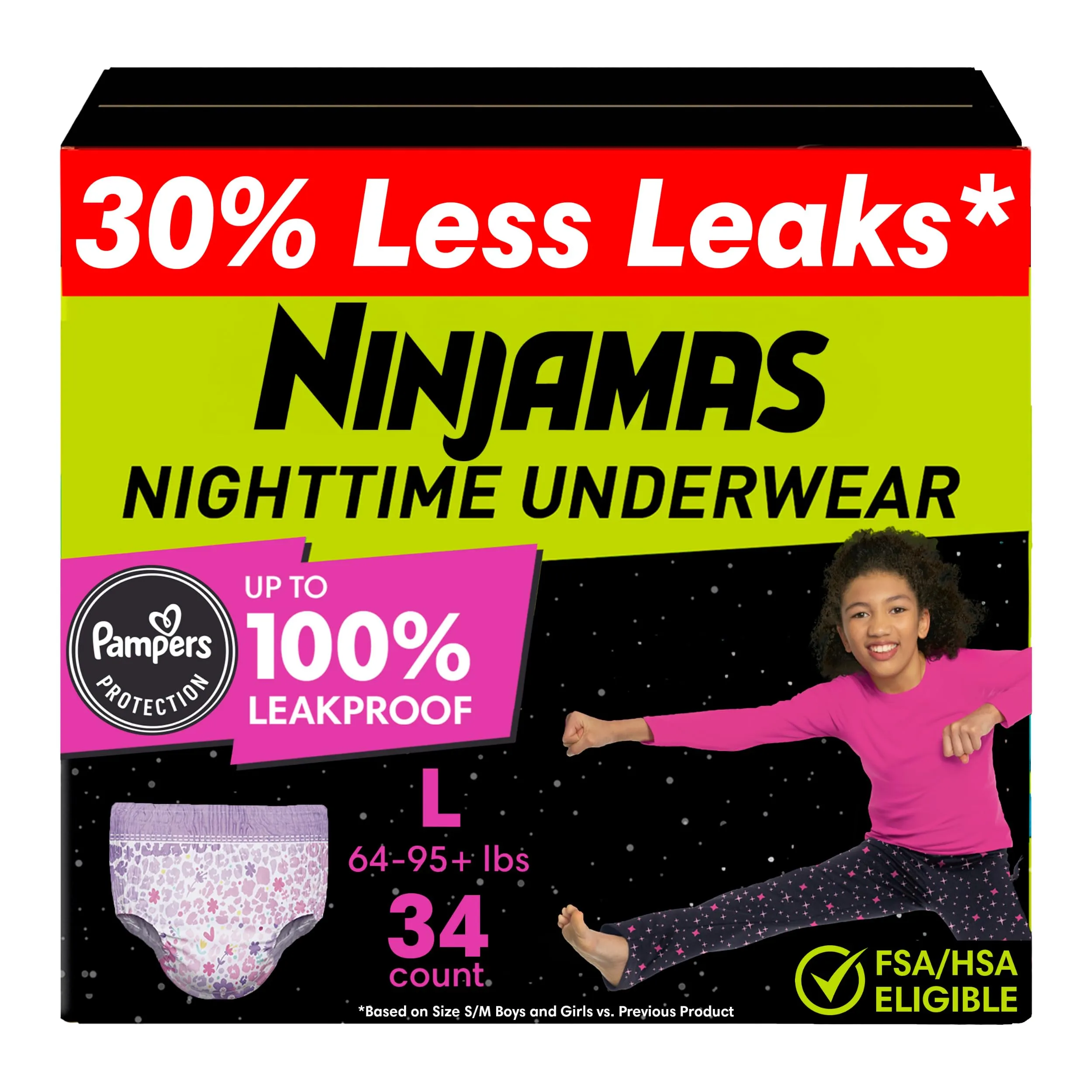 Pampers Ninjamas Nighttime Bedwetting Underwear Girls Size L (64-125 lbs) 34 Count (Packaging & Prints May Vary)